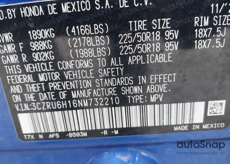 2022 Honda Hr-V Awd Sport из США, поврежденный, VIN 3CZRU6H16NM732210
